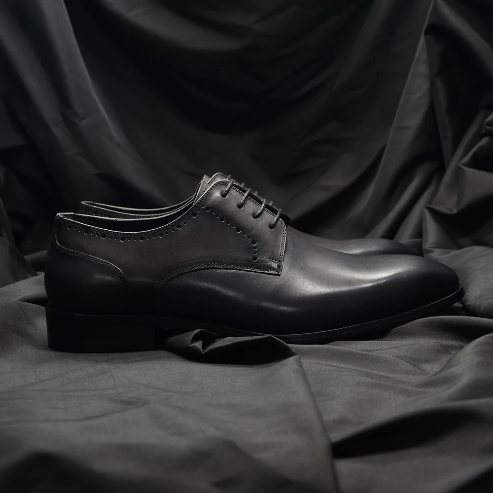 Classic Handmade Men\'s Derby Dress Shoes Gray Genuine Cow Leather Lace-up Pointy Plain Toe Business Wedding Formal Shoes for Men