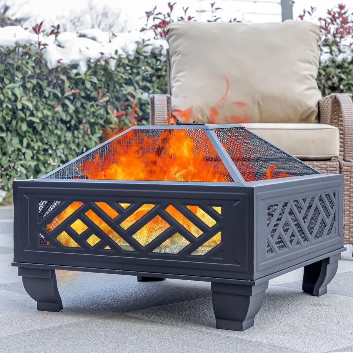 26" Steel Square Fire Pit with Grill & Poker, Outdoor Fireplace with Mesh Cover for Patio, Backyard & Garden, Ideal