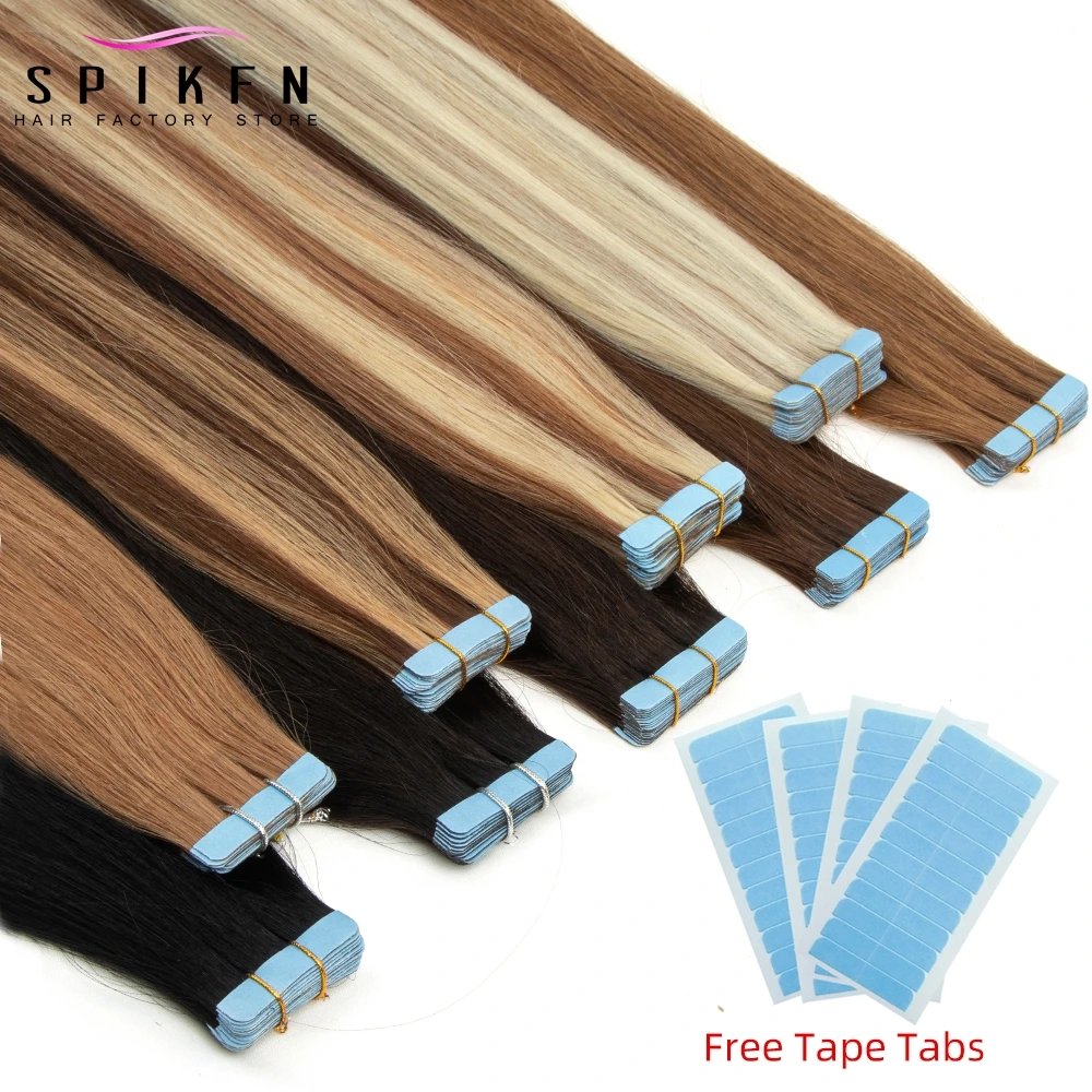 

SPIKFN 12-24 inches Tape in Human Hair Extensions 20pcs Blonde PU Skin Weft Hair Natural Black Brown Straight Hair Salon Quality