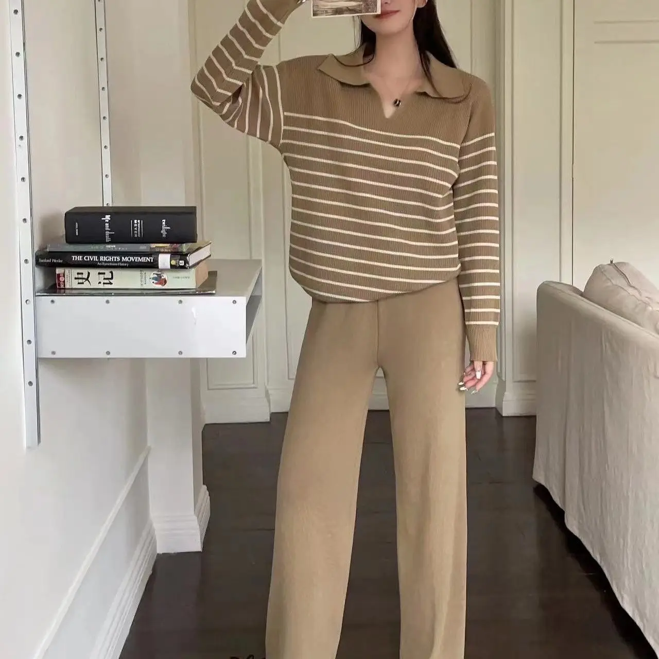 

Fashion Stripe Patchwork Knitted Two Peice Set Women Turn-Down Collar Long Sleeve Pants Casual Tracksuits E1491