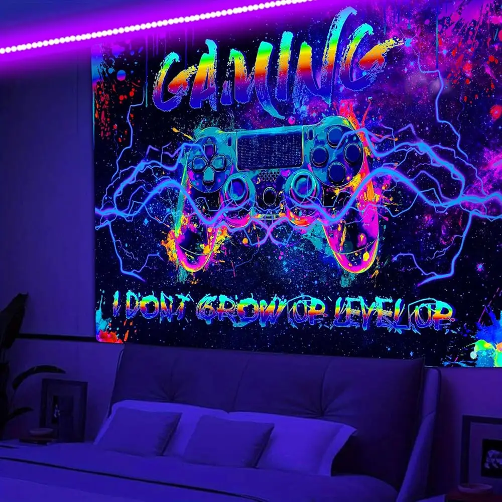 Ailexpress Recommendation - Blacklight Gaming Tapestry Modern UV Funny Cool trippy Game Neon Controller Black Art Themed Tapestr