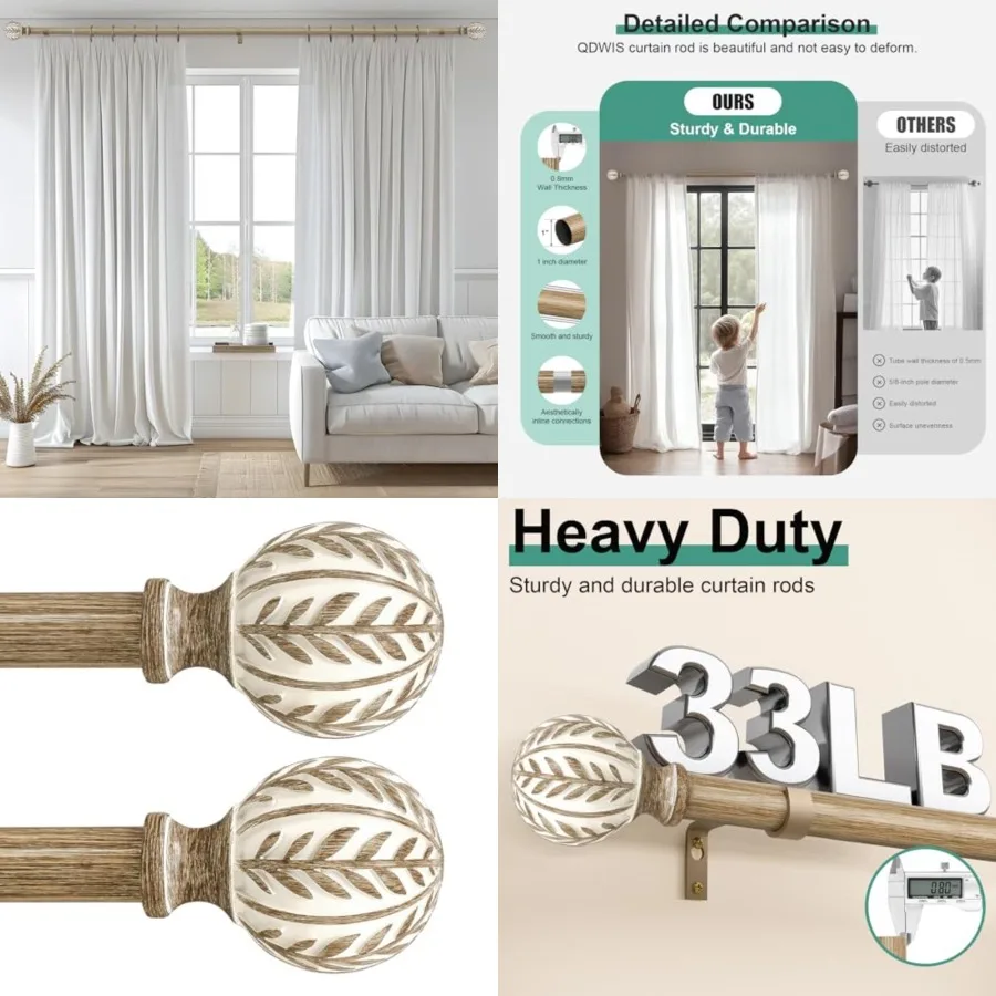 

2 Pack Boho Wood Curtain Rods for Windows 48 to 84 inch, 1 Adjustable Heavy Duty Window Curtain Rod with Imitation Wood Grain F