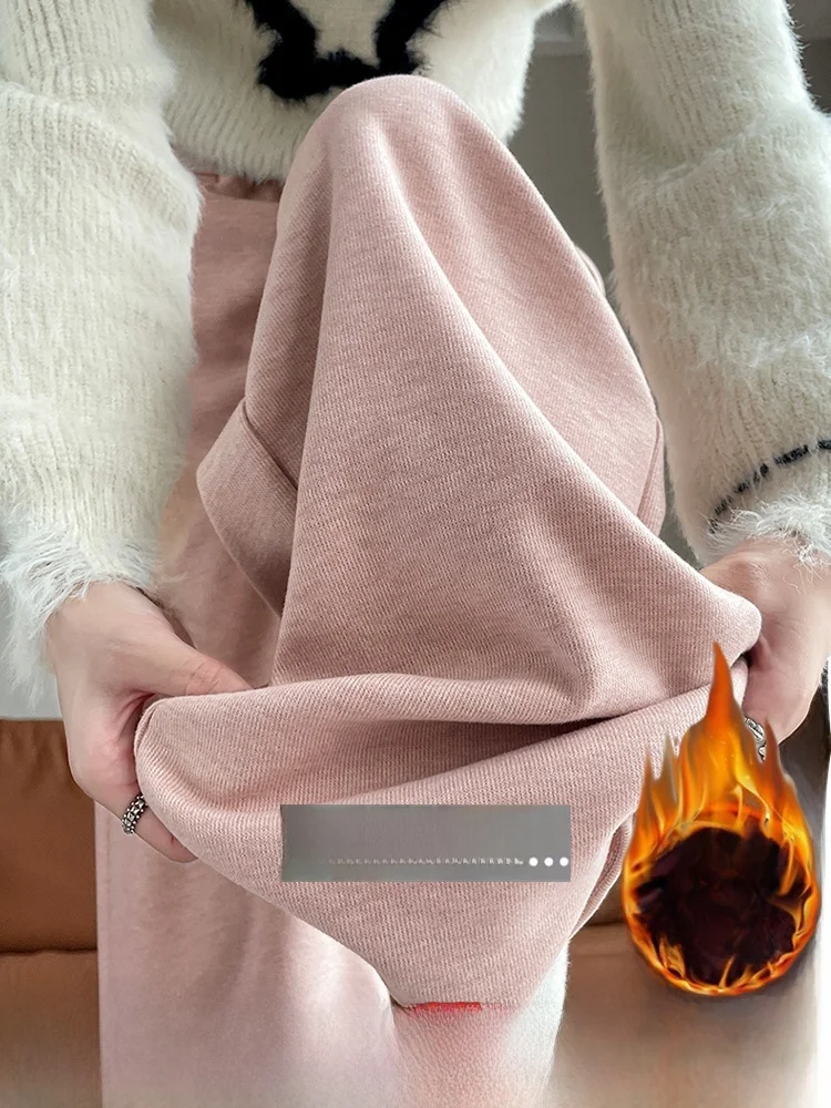 

High Waist Fleece Lined Straight Leg Wide Leg Pants Women's Autumn Winter Drapey Feel Commute Style Korean Trend Pocket Detail