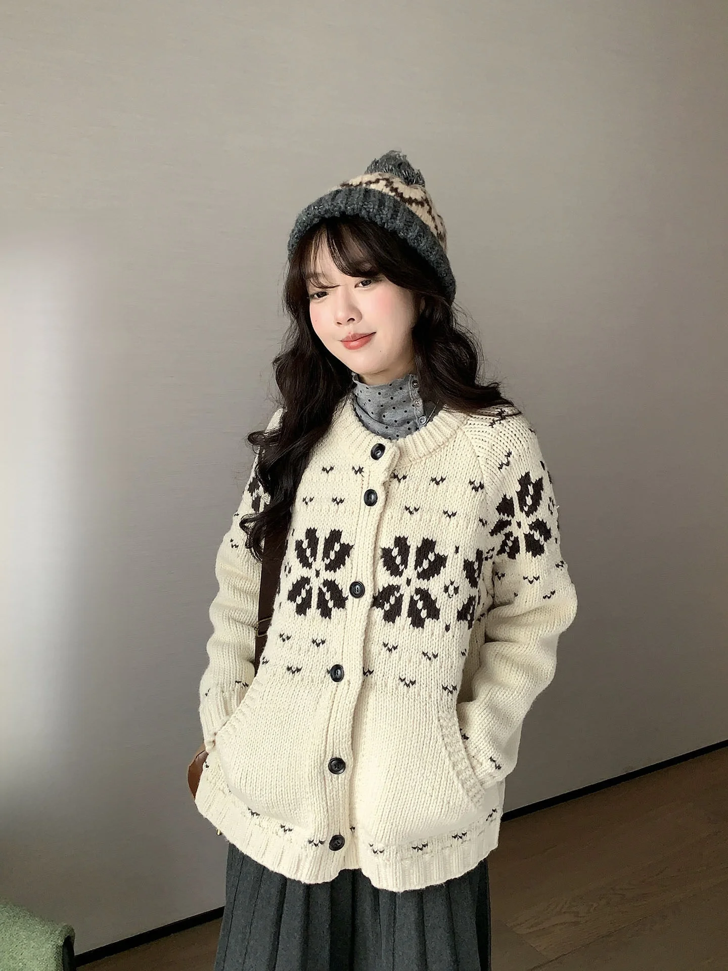 

Holli Korean Sle Loose Fair Isle Knitted Sweater Coat round Ne Single Button Autumn Winter New Arrival for Women