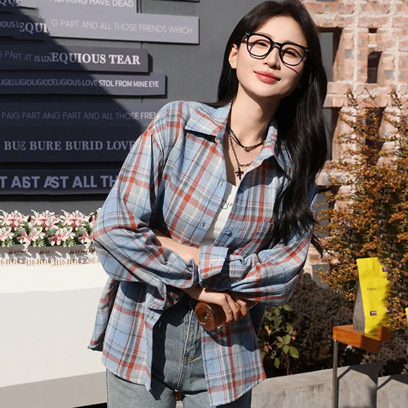 بلوزة نسائية فضفاضة على الموضة للخريف والشتاء قمصان عالية الشارع عصرية غير رسمية منقوشة كورية تناسب كل مباراة سترة قميص خارجي #3