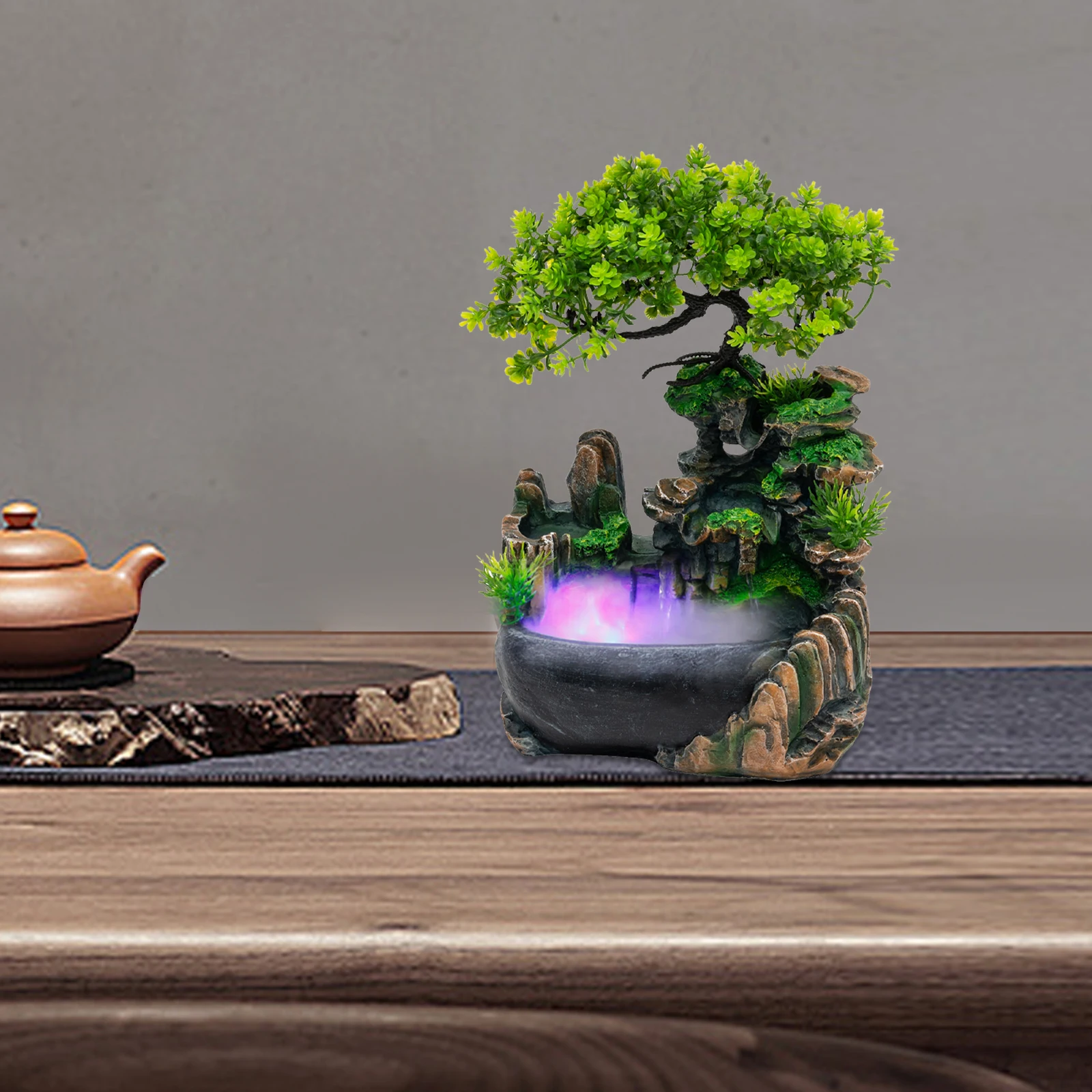 Indoor Desktop Water Fountain, Mini Rockery Waterfall Craft with Color Changing LED Lights, Calming Tabletop Ornament for Living Room Bedroom Office