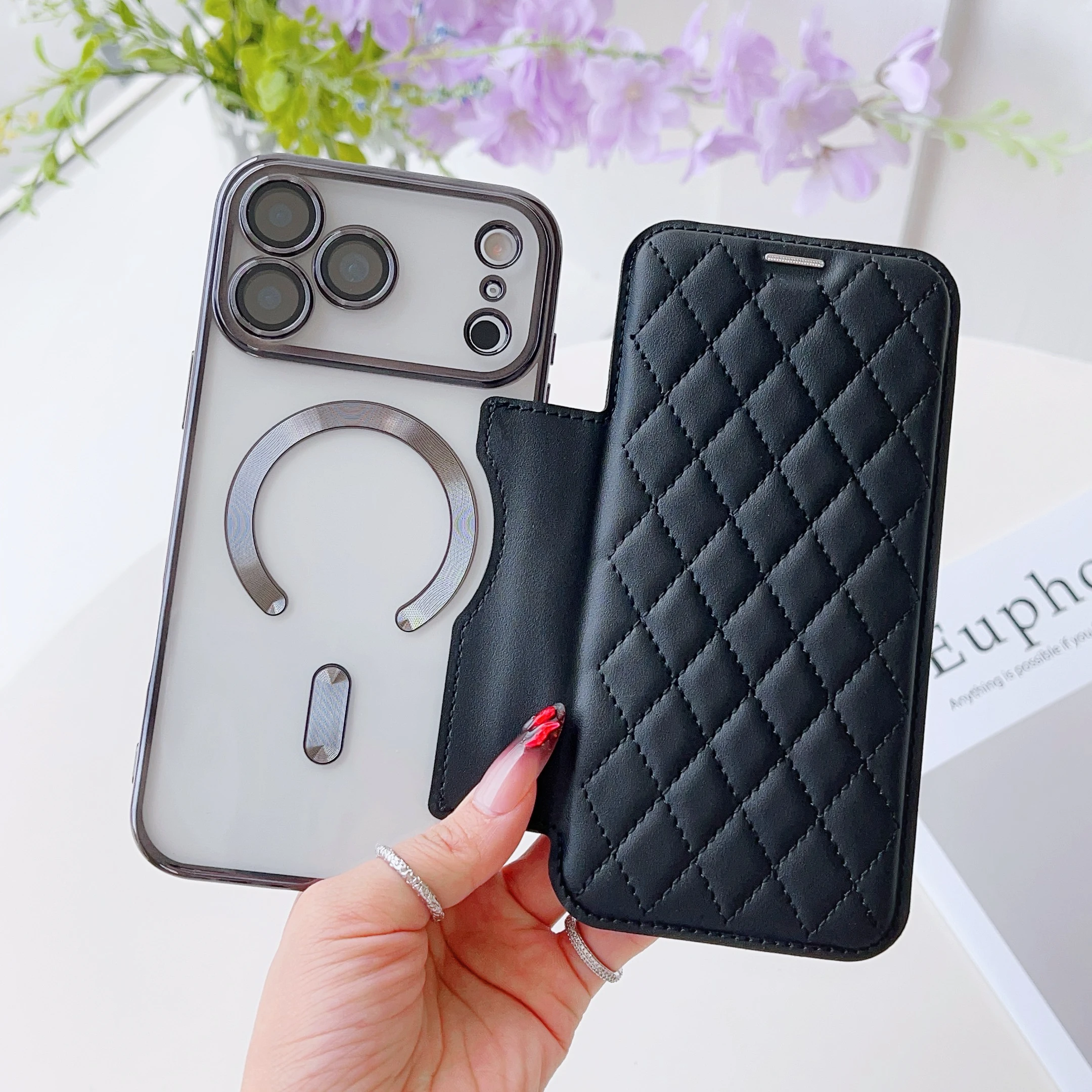 เคสโทรศัพท์สำหรับ iPhone 17 16 15 Pro Max 17 Air 15 Plus, เคสหนัง PU แบบพลิกตาข่ายหรูหราบางเบา รองรับการชาร์จแม่เหล็กแบบครอบคลุม