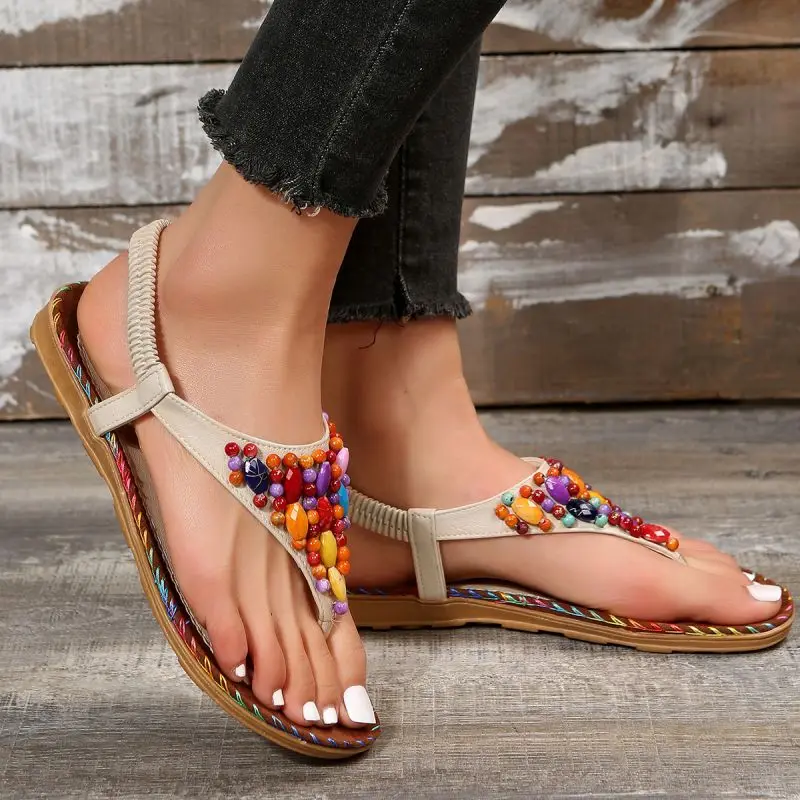 Colorful Beaded Bohemia Sandals Women Summer 2023 Beach Fashion Flat Heels Clip Toe Sandalias Mujer Soft Bottom Rome Shoes Woman