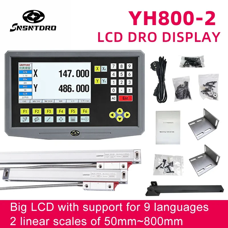 YH800-2 2-osiowy wyświetlacz LCD DRO z cyfrowym wyświetlaniem, 19 języków, AC90-260V oraz 2 sztuki linijki z enkoderem liniowym 0-800mm.