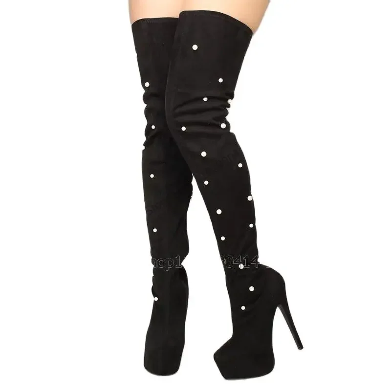 

Pearl Decor Black Platform Flock Boots Thigh High Women Shoes Stilettos High Heels Novel Fashion Sexy 2023 Zapatos Para Mujere
