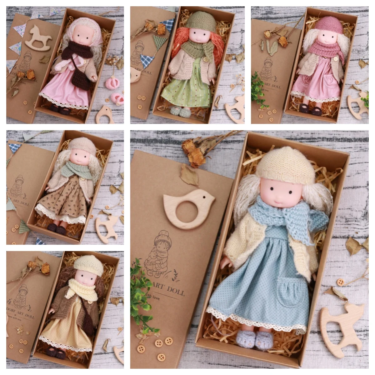 Waldorf-Vinylpuppe gepaart mit Spitzenbesatz, gemischtes handgefertigtes Strickjackenmantel, Mütze und Tasche, Babyspielzeug, Accessoires, Geschenk