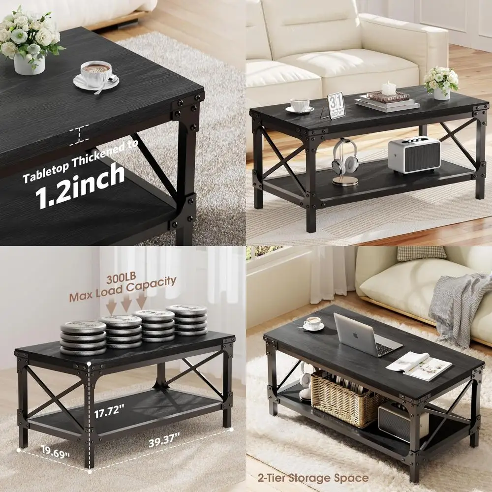 طاولة قهوة خشبية صناعية حديثة بطبقتين، 40 سطح طاولة طويل وسميك، إطار معدني، أسود