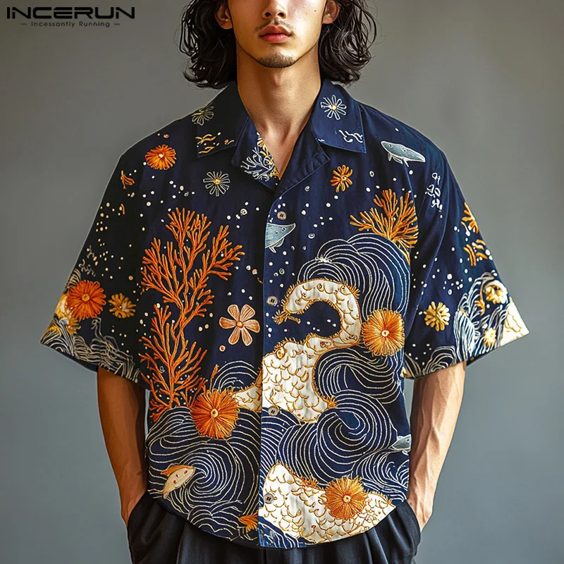 INCERUN Men Shirt Printing Lapel Short Sleeve Button Summer Male Shirts Streetwear Loose Tops 2025 Vacation Fashion Men Clothing