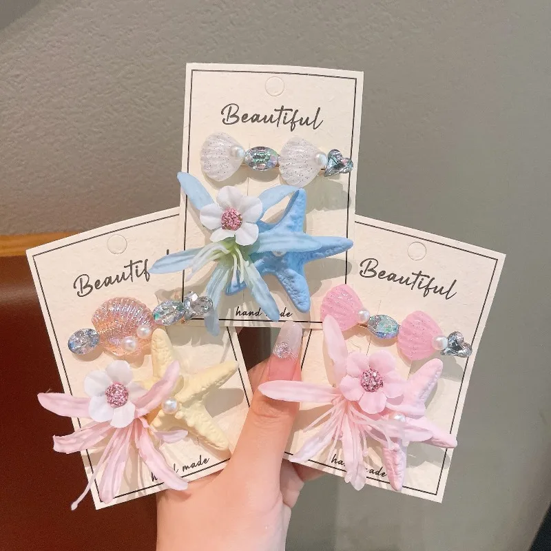 

1/2/3 Card Starfish Flower Hair Clip Beach Vacation Style Duckbill Clip Girl Bangs Children's Hairpin Sweet Hair Accessory