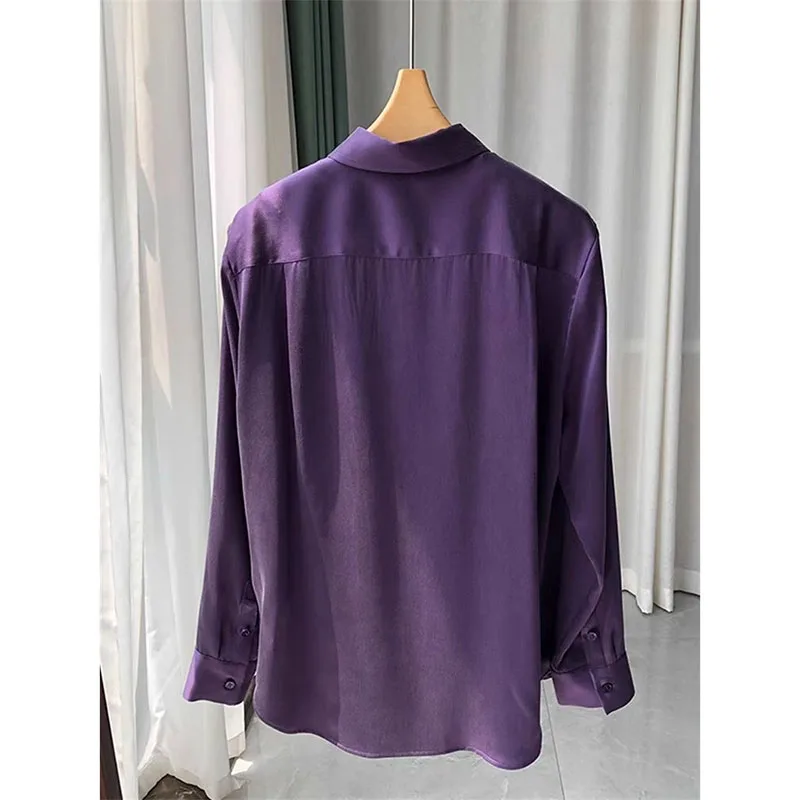 Loose Satin Silk Casual Blouse Spring Autumn Long Sleeve Purple Shirts Turn Down Collar Double Pockets French Top