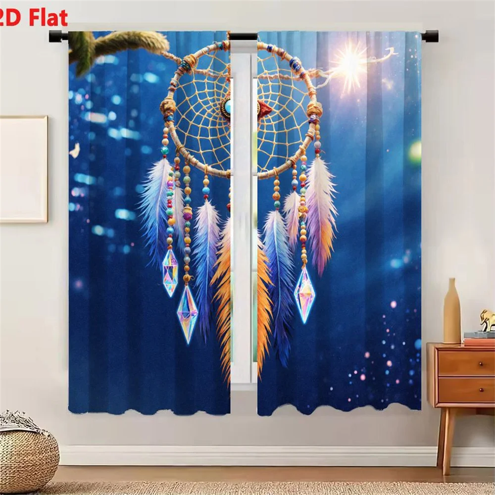 2Pcs Curtains 2D Flat Dreamcatcher With Colorful Beads Turquoise Gemstone Golden Threads Feathers Crystal Pendants Starry Night