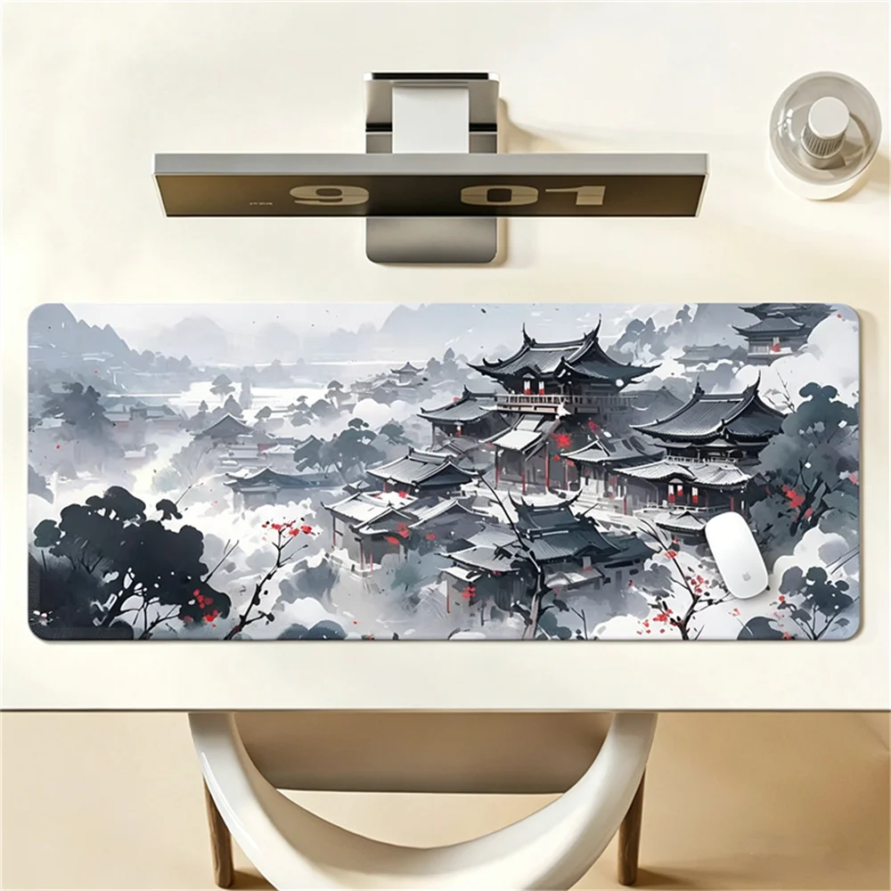 Large Extended Office Desk Mat, Ancient Architecture Landscape Painting Mouse Keyboard Mat, Non-slip Durable Rubber Mouse Pad