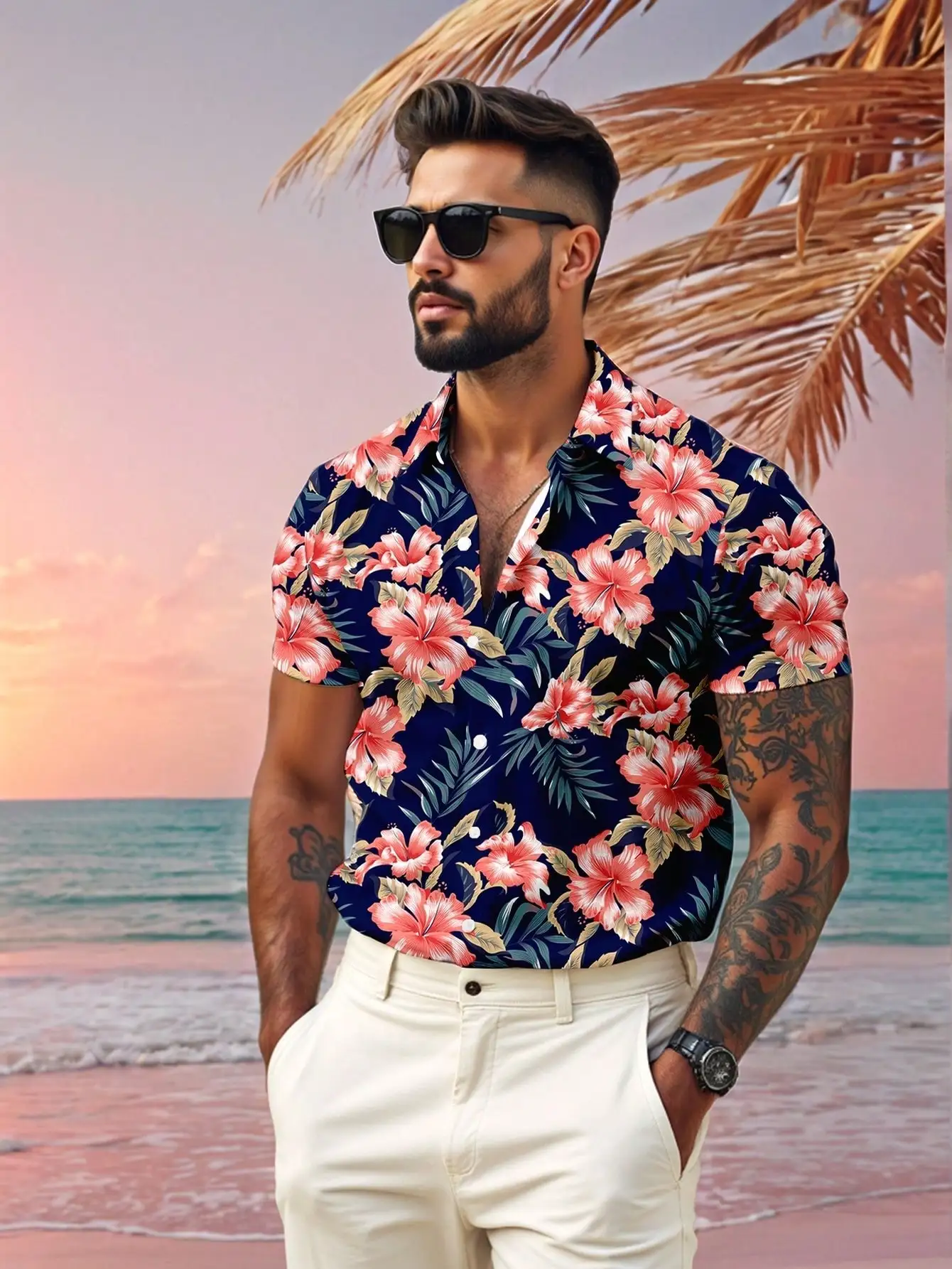 

Men's Short Sleeve Button-Down Shirt with Tropical Floral Print, Regular Fit, Casual Resort Style