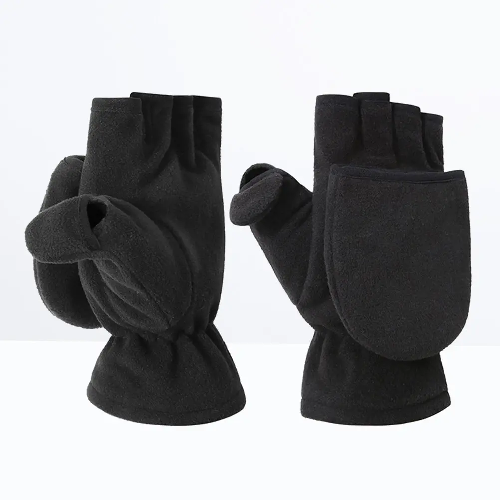

Winter Keep Warm Cover Mitts Polar Fleece Half-Finger Gloves Button Black Outdoor Indoor Warm Gloves for Cycling Fishing Running