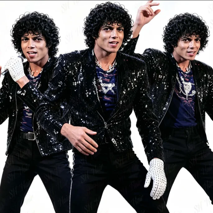 Synthetische Herren Schwarze Mullet-Perücke Kurzlockig 70er 80er Rocker Star Punk Perücke Party Halloween Alltag Michael Jackson Cosplay Perücke – Detail 2