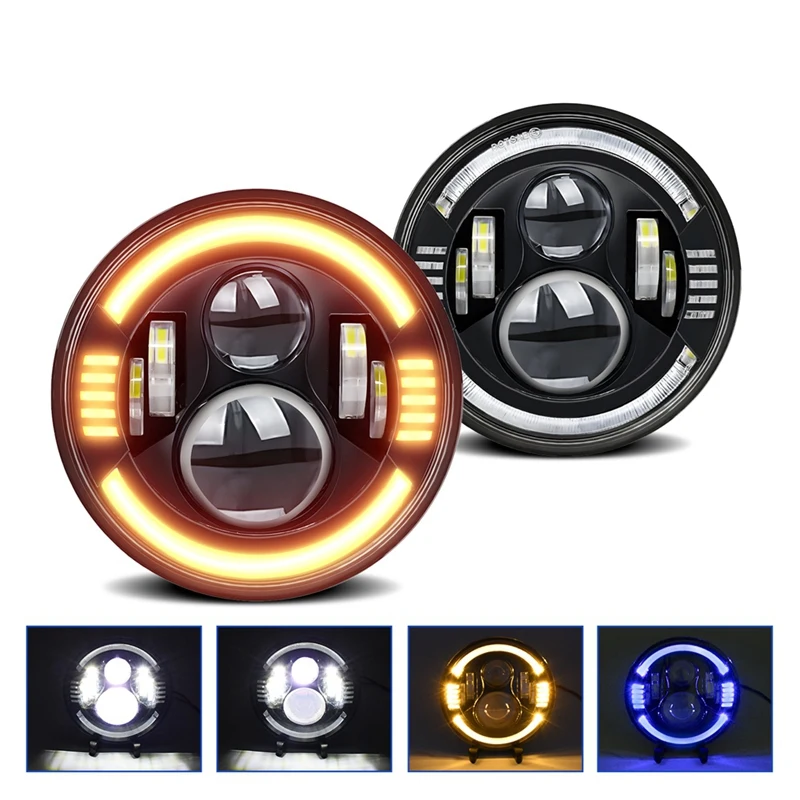 

7In Round LED Halo Headlights With Hi/Low Beam Amber/Blue LED Head Light Lamp Offroad Light Angle Eyes For Wrangler JK