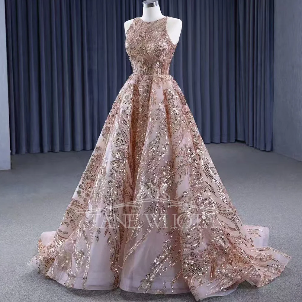 فستان سهرة بدون أكمام برقبة دائرية ورباط من الخلف ومطرز بالكريستال وقابل للتخصيص لملابس الحفلات