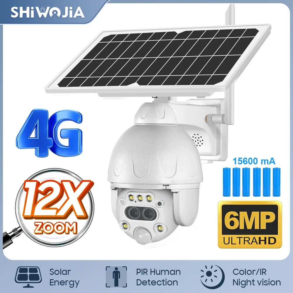 

SHIWOJIA 3K 6MP 12X Zoom Solar Camera 4G/Wifi Dual Lens Outdoor Security Smart Auto Tracking Two way Audio CCTV built-in 15600mA