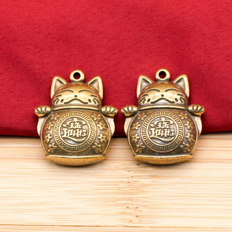 Pure Handmade Brass Antique Chinese Coin Car Keychain Lucky Cat Five Emperors Money Keychain Feng Shui Coins Solid Key Rings