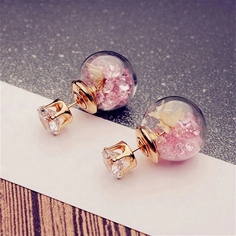 Stud Crystal Ear Fashion Cute Girls Elegant Ear Stud Three Rose Flowers Glass Ball Double Sides Jewelry Earring Set Fashion