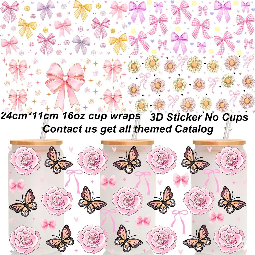 Pink Bow Pattern Series UV DTF Transfer Stickers For 16oz Glass Bottle Can Cup Wraps Cartoon Bowknot Image Cup Wraps