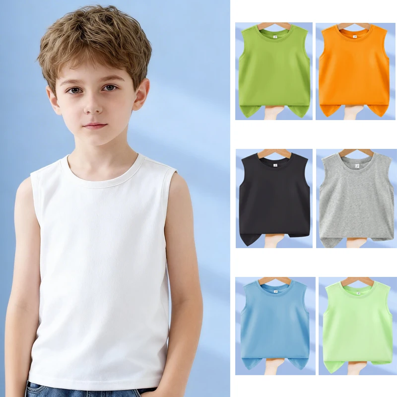 1pcs Kids 100% Cotton Vest Summer Classic Basic Fashion Tank Top Students Solid Sleeveless Tops Children Round Neck Comfort Vest