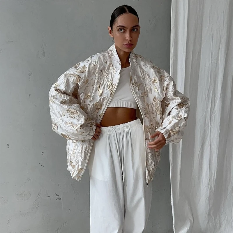 White Gold Jacquard Floral Bomber Jacket Stand Collar Long Sleeve Zip‑up Coat 2026 Autumn Street Party Casual Women Outerwear
