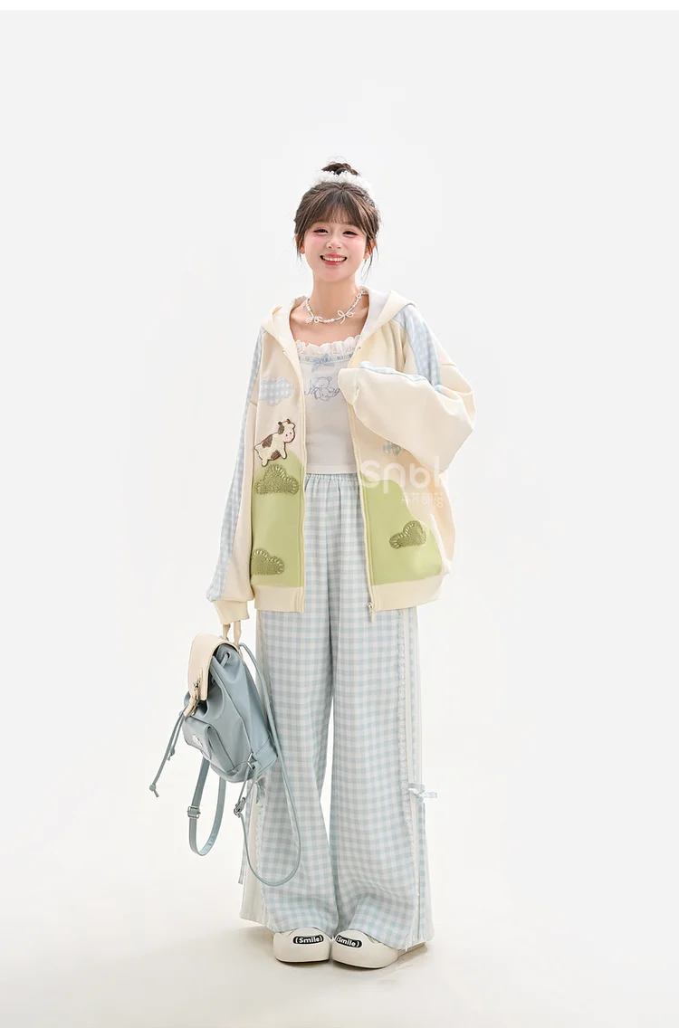 2025 Spring and Autumn New Cute and Fun Multi-color Student Women's Jacket Hooded Casual Sweatshirt Beige Knitted Short Skirt