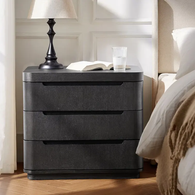 Factory Direct Modern Curved Design Large 3-Drawer Nightstand With Built-In Power Outlet And Hidden Storage Compartment