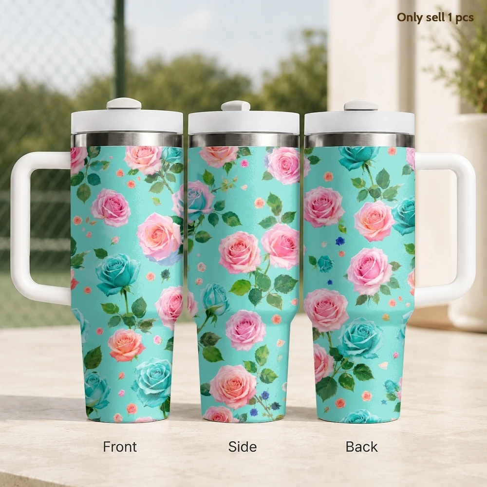 Turquoise Rose Seamless Pattern Vacuum Flasks 40oz Stainless Steel Insulated Tumbler With Handle & Straw Leakproof Travel Mug