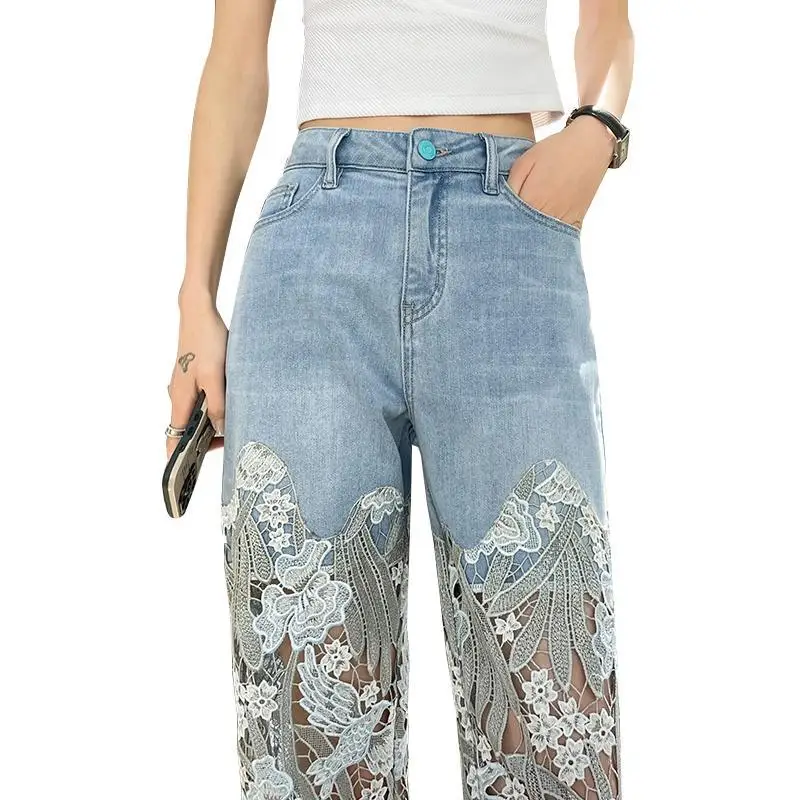 Retro-Stil Spitze aushöhlen Patchwork Jeans 2024 Frauen Sommer neues Modedesign Straight Fit lässig hohe Taille vielseitige Hose