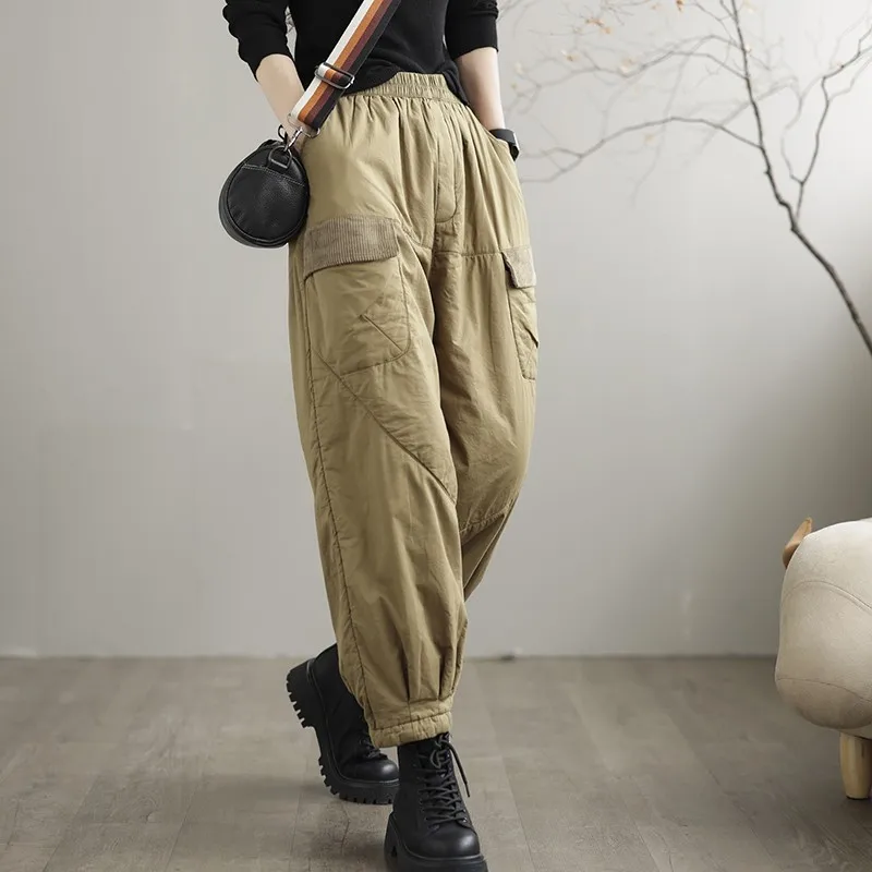 

2023 New Arrival Autumn Women Thickening Warmth Ankle-length Pants Casual Loose Elastic Waist Pockets Patchwork Harem Pants V724