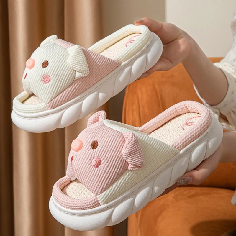 Slippers for Women Linen Cotton Home Shoes Thick Soft Sole Lovely Pig Non-slip for Outdoor for Four Seasons