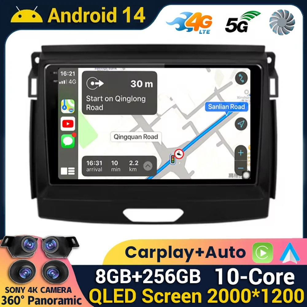 Android 14 Carplay Auto WIFI+4G Car Radio For Ford Ranger 2015 2016 2017 2018 2019 2020 GPS Multimedia Player Stereo Autoradio