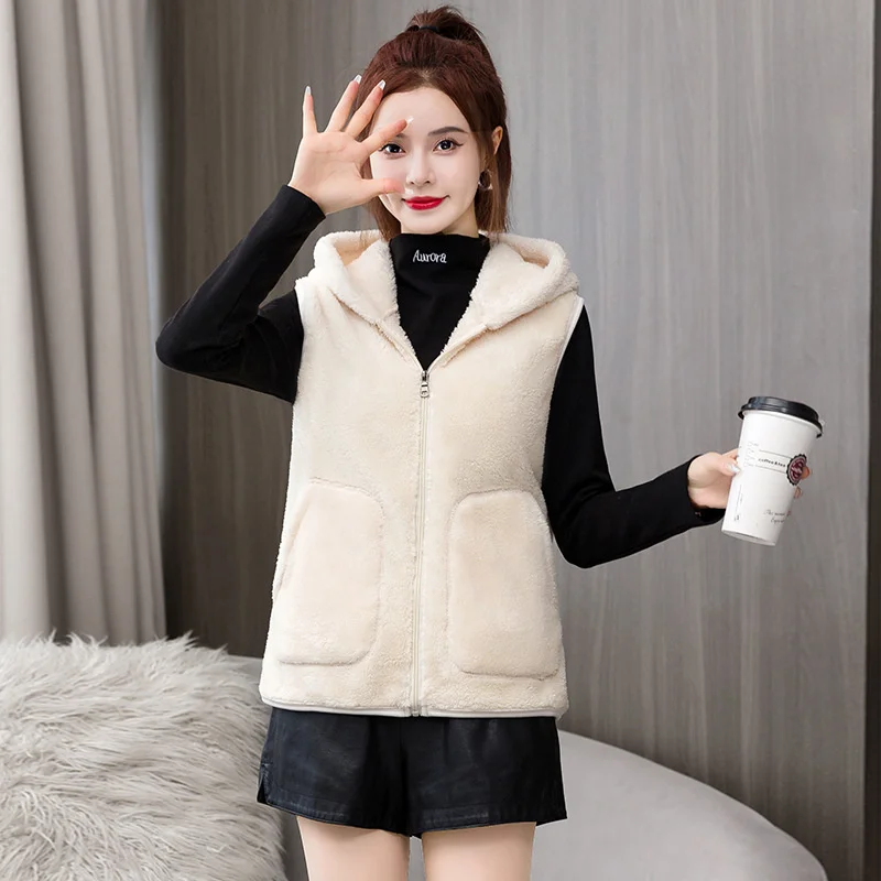 Autumn Winter Women Coral Fleece Coat Hooded Sleeveless Jacket Tank Top Warm Shake Fleece Vest Female Waistcoat Chaleco Mujer