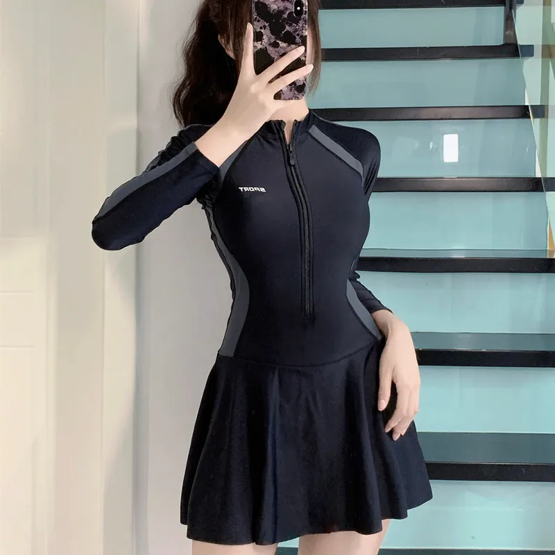 New Sporty Style Women Patchwork Slimming Beach Dress Long Sleeve Zipper Swimwear One Piece Swimsuit Conservative Bikini