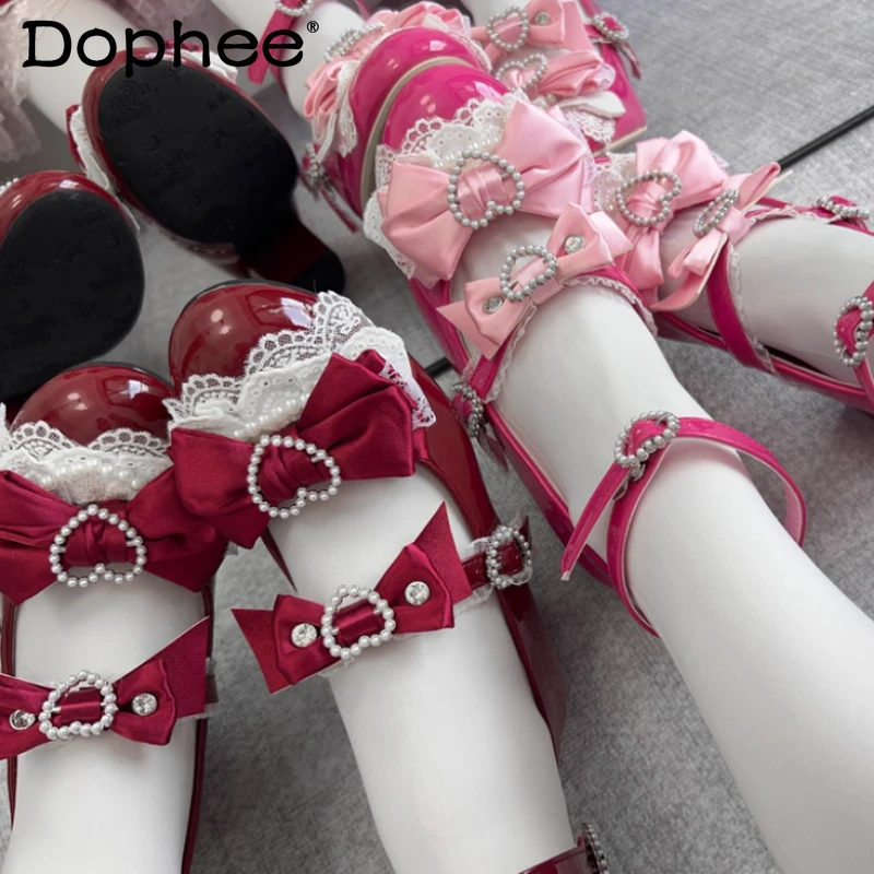 

Retro Elegant Lady Japanese Original Bow Rhinestone High Heels Round Head Thick Heel Sweet Cute Jk Uniform Mary Jane Single Shoe
