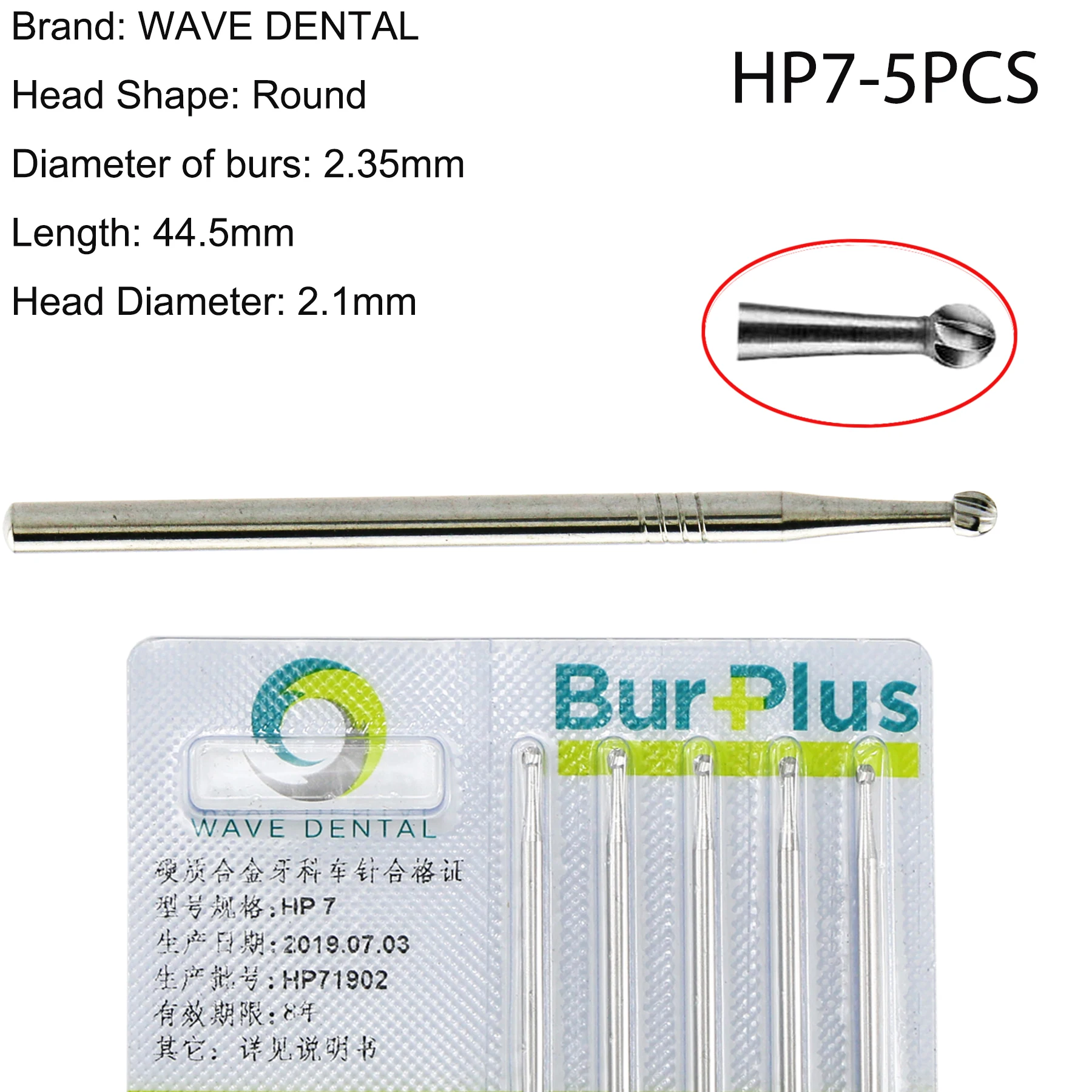 

Wave Dental Round Burs Length 44.5mm Long Straight Bur Low Speed 5PCS HP7