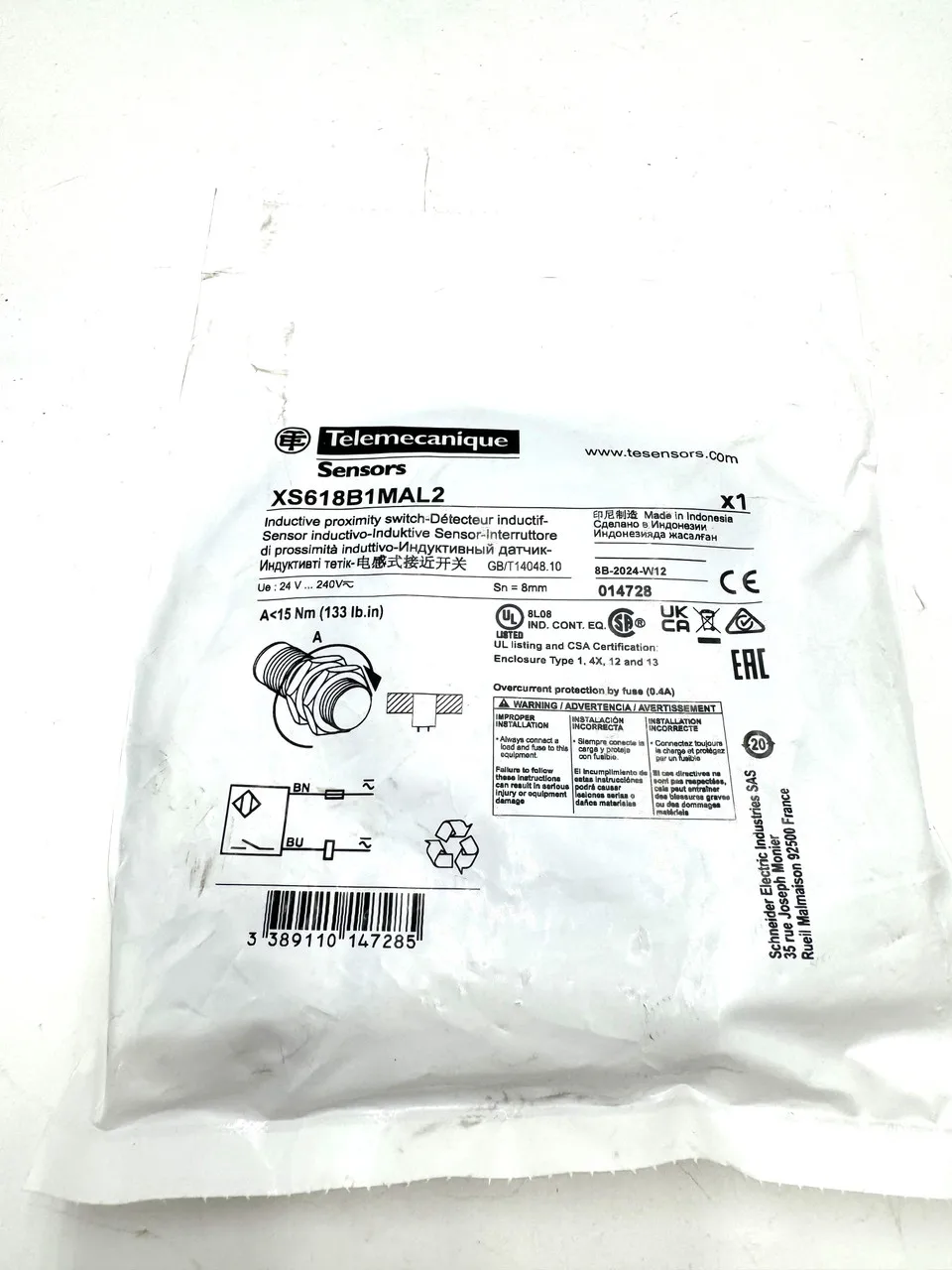 XS618B1MAL2 Inductive proximity sensors XS, inductive sensor XS6 M18, L62mm, brass, Sn8mm, 24...240VAC/DC, cable 2 m