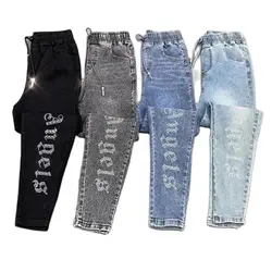 Rhinestones Elastic Waist Elastic Jeans Pencil Pants Spring Summer   Fashion Harem Denim Pants Female Korean Version High Waist
