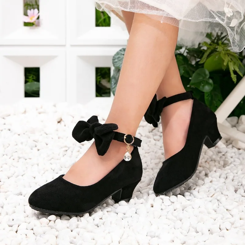 

Children Performance High-heels Shoes Black Sweet Bowknot Little Girl Wedding Party Shoes Fashion Princess Kids Leather Shoes