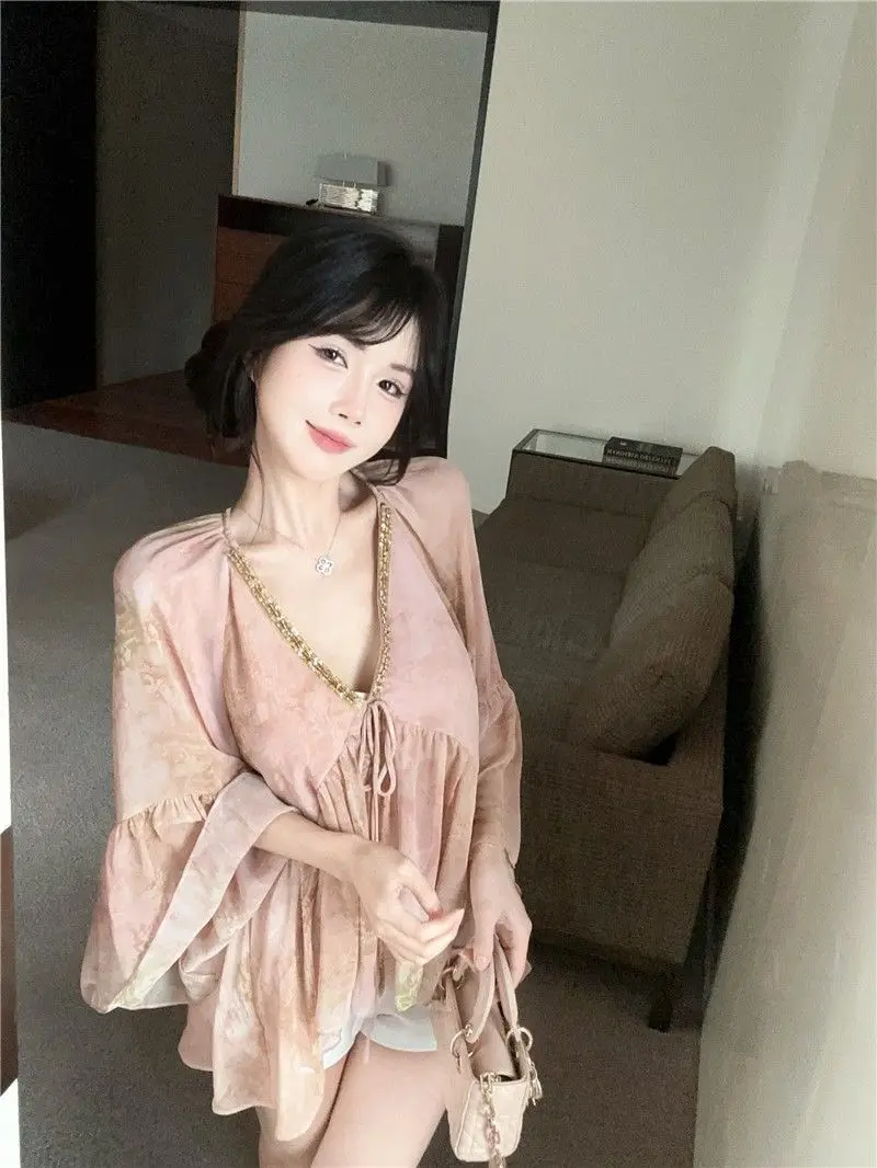 여성을위한 부드러운 v 넥 꽃 쉬폰 블라우스 여름 분위기 한국 스타일 고귀한 빈티지 콜드 페어리 탑