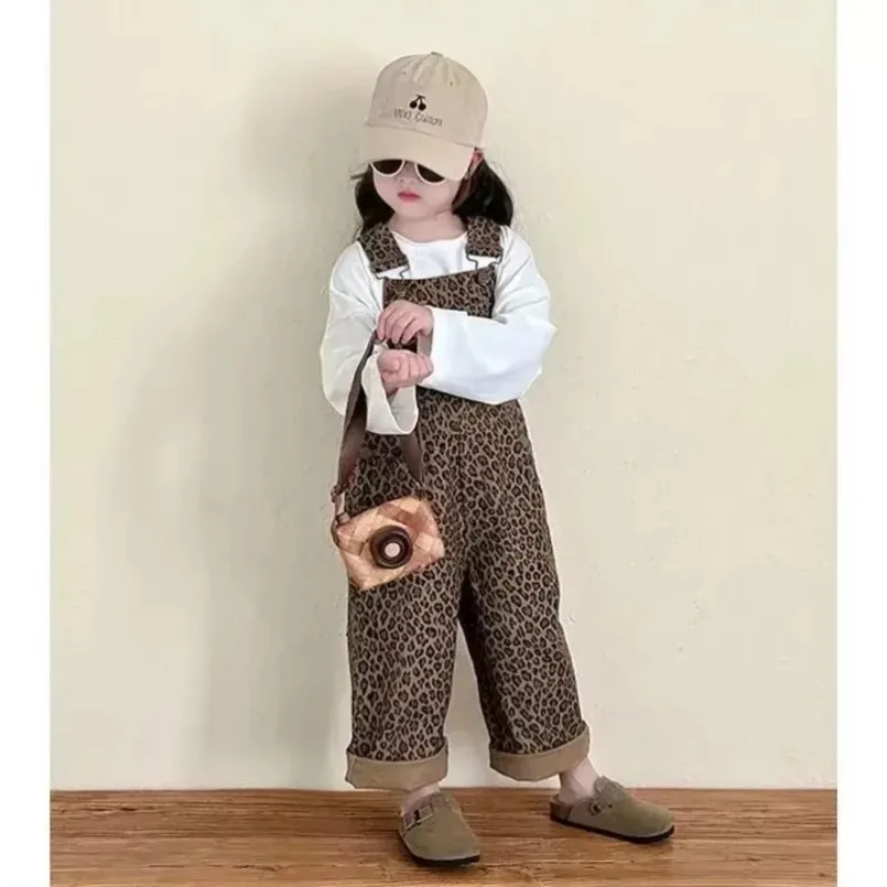 Kids Pants Girls Leopard Print Overalls Spring Autumn Pants Korean Childrens Wide Leg Pants Set  New 2024 Autumn Simple