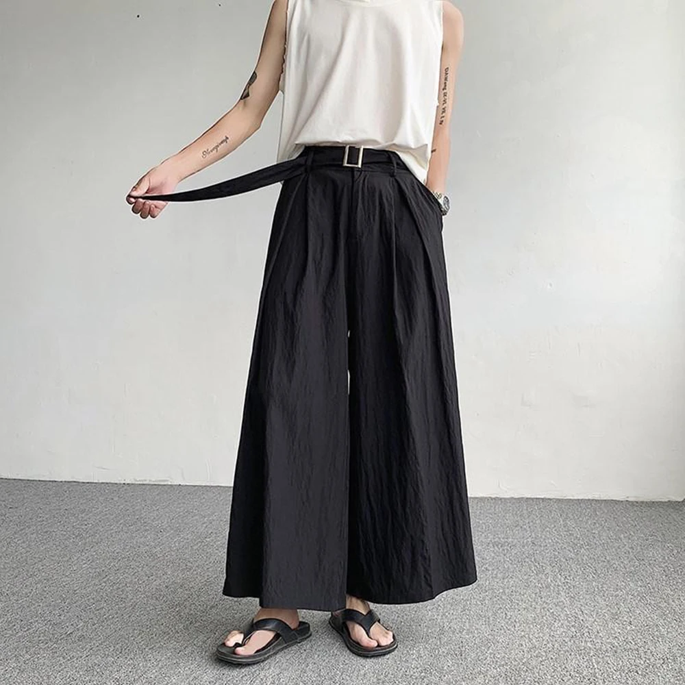

Men's Solid Color Wide-Leg Nine-Point Pants Japanese Retro Fashion Street Trend Simple Casual Loose Breathable Men's Bottoms
