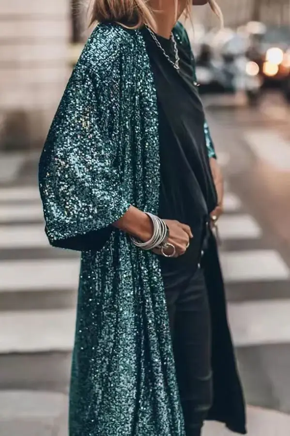 Korean Streetwear Spring 2023 Kimono Women 3/4 Sleeve Sequined Cloak Black Silve/Blue/Green Loose X-Long Cape